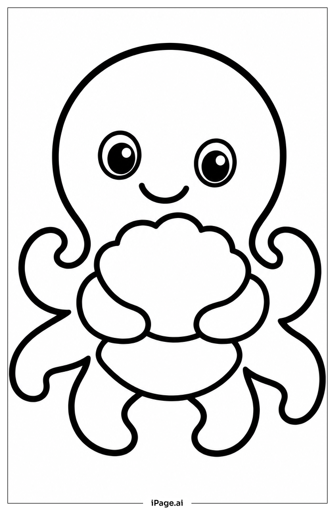 貝殻を抱きしめるタコの塗り絵ページ
