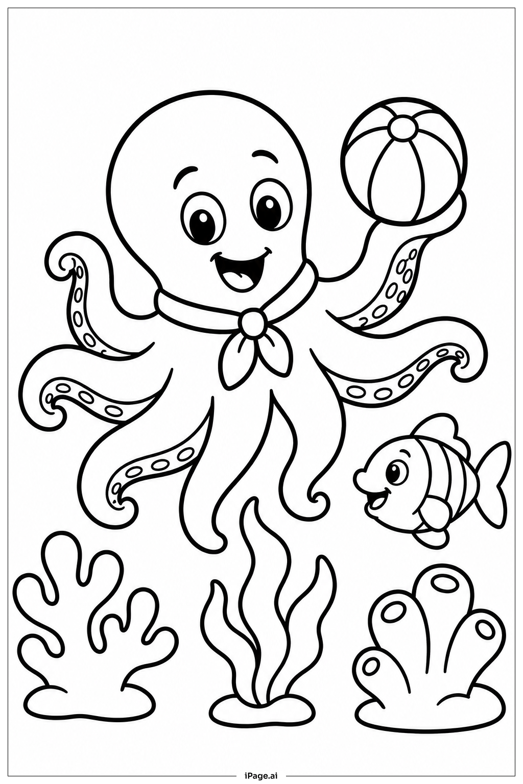 魚と遊ぶタコの塗り絵ページ