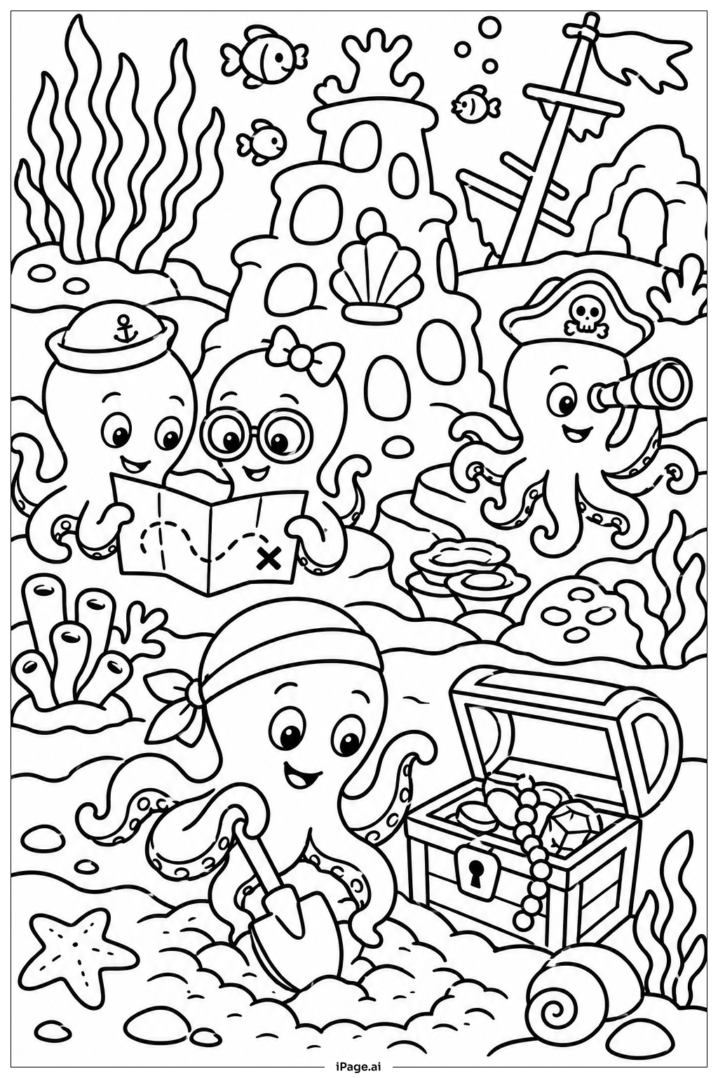 Octopus Treasure Hunt Adventure Coloring Page