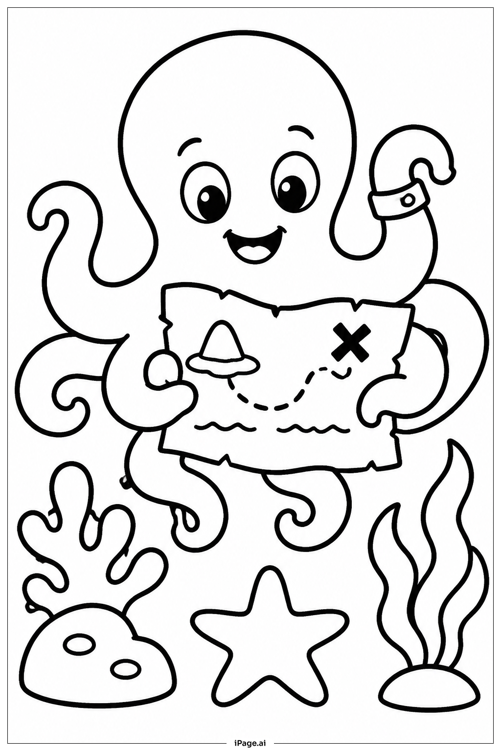 Oktopus mit Schatzkarte Ausmalseite
