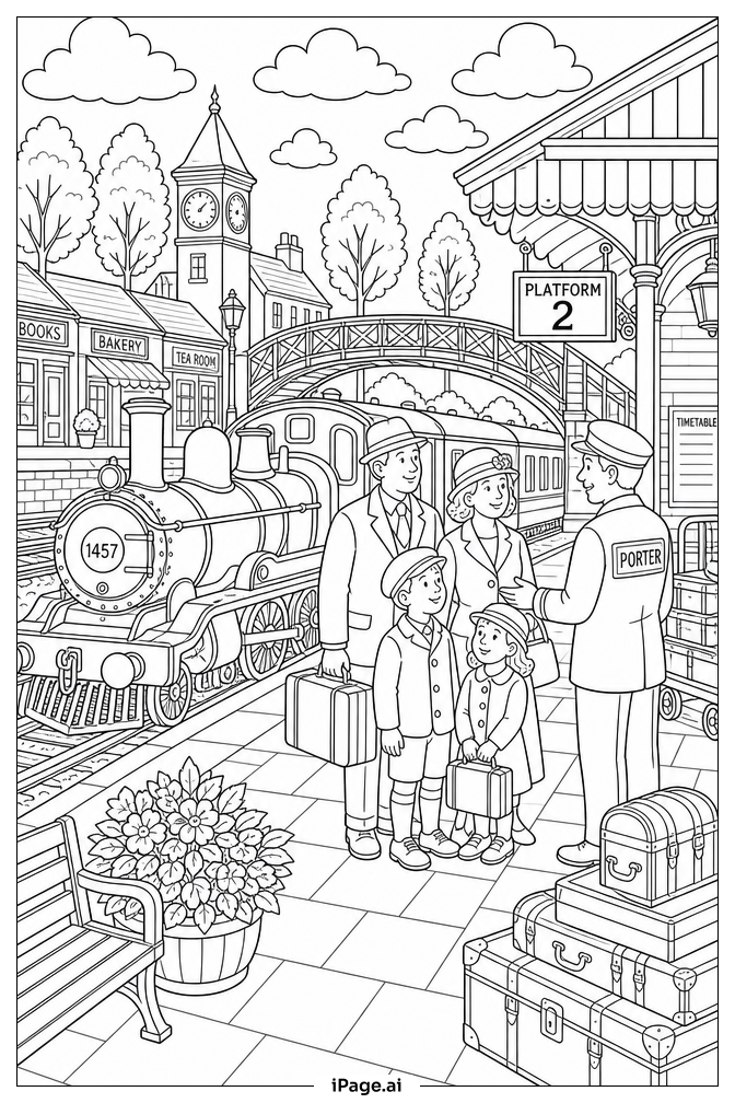 Old Fashioned Train Station Coloring Page