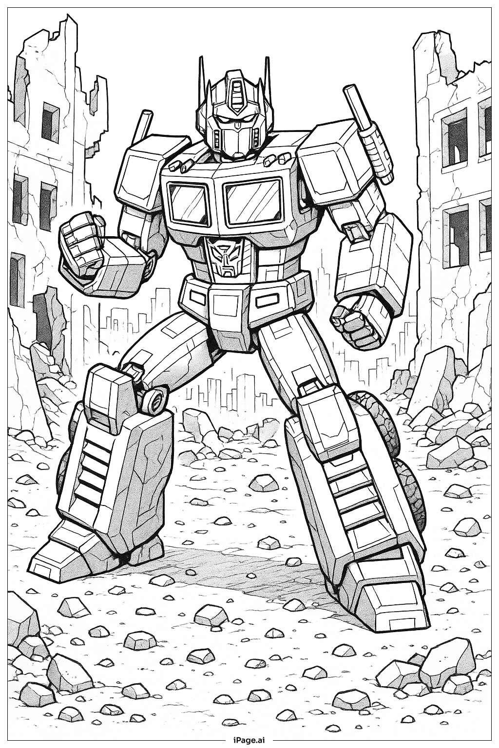  Page de coloriage Optimus Prime en posture de combat dans une ville en ruine 