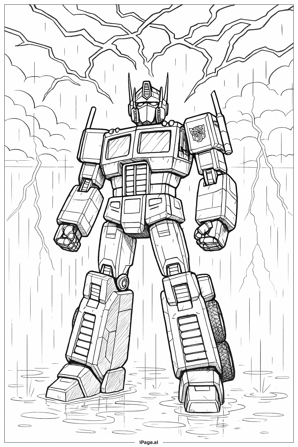  擎天柱在暴风雨天空下充能填色页 