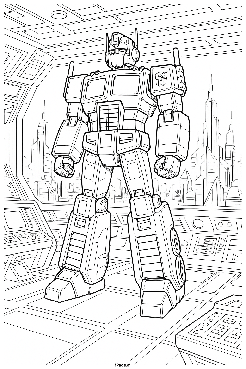  Page de coloriage Optimus Prime commandant depuis la passerelle 