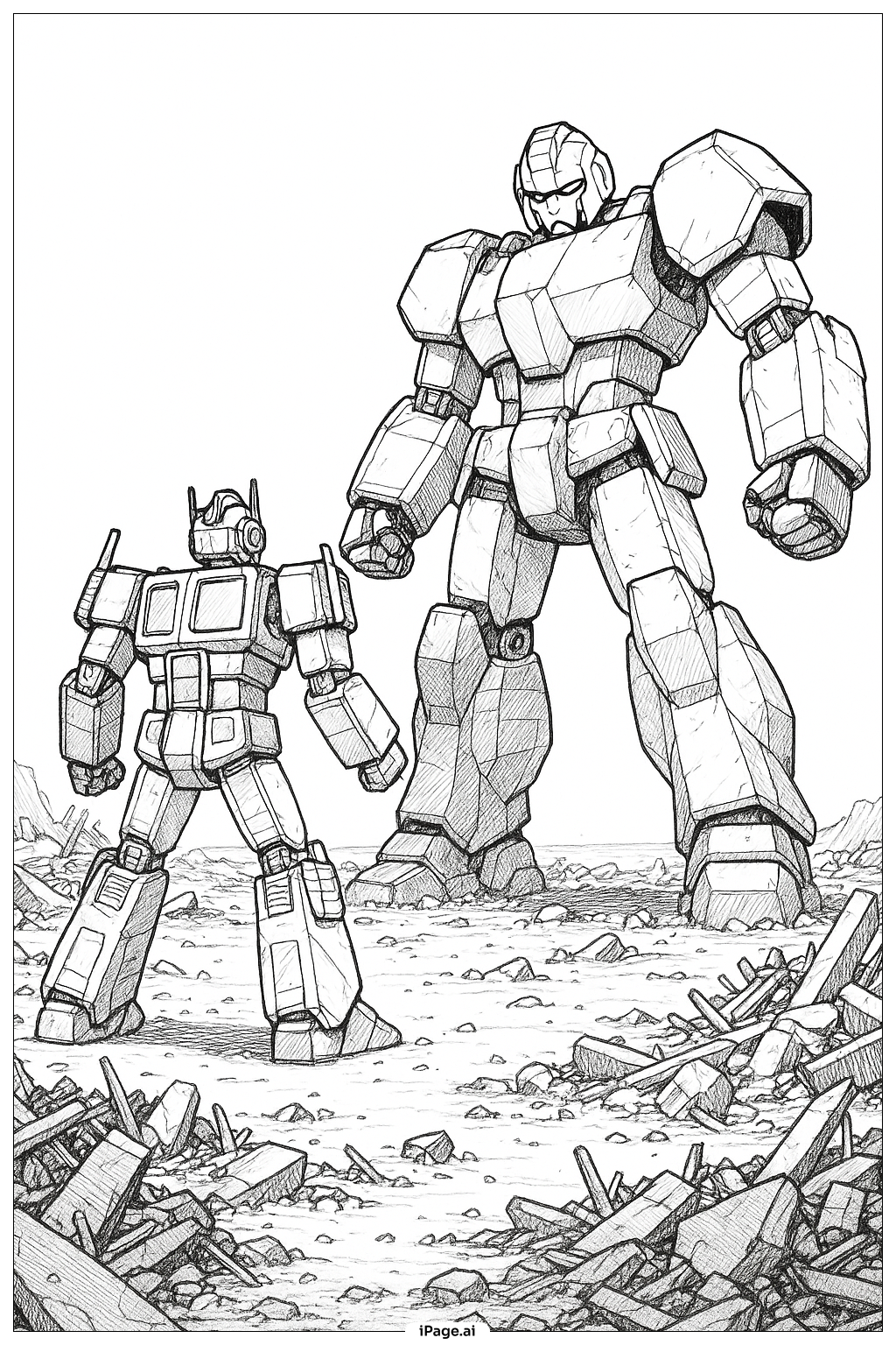  Página para colorear de Optimus Prime enfrentando a un robot gigante 