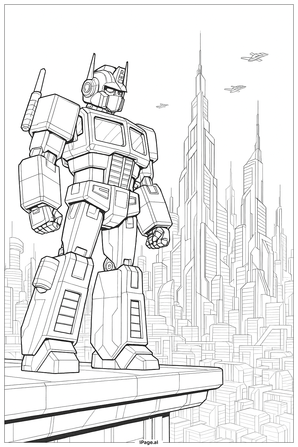  Optimus Prime Guarding Futuristic City Coloring Page 