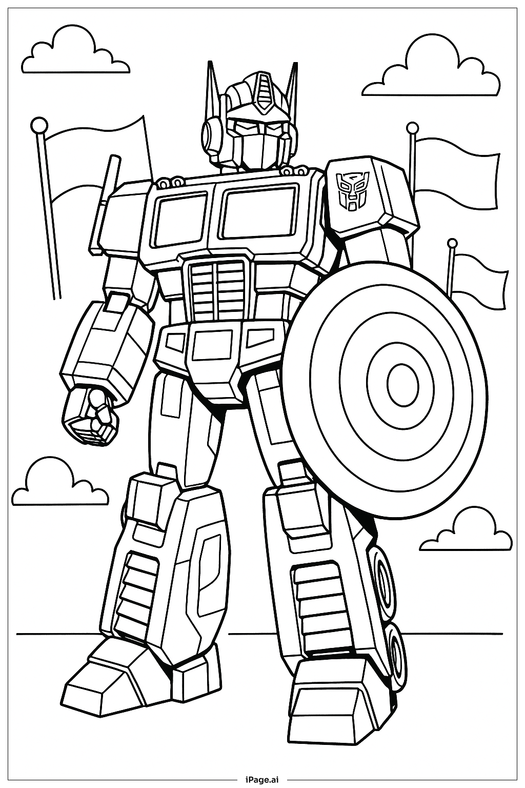  盾を持つオプティマスプライムの塗り絵ページ 