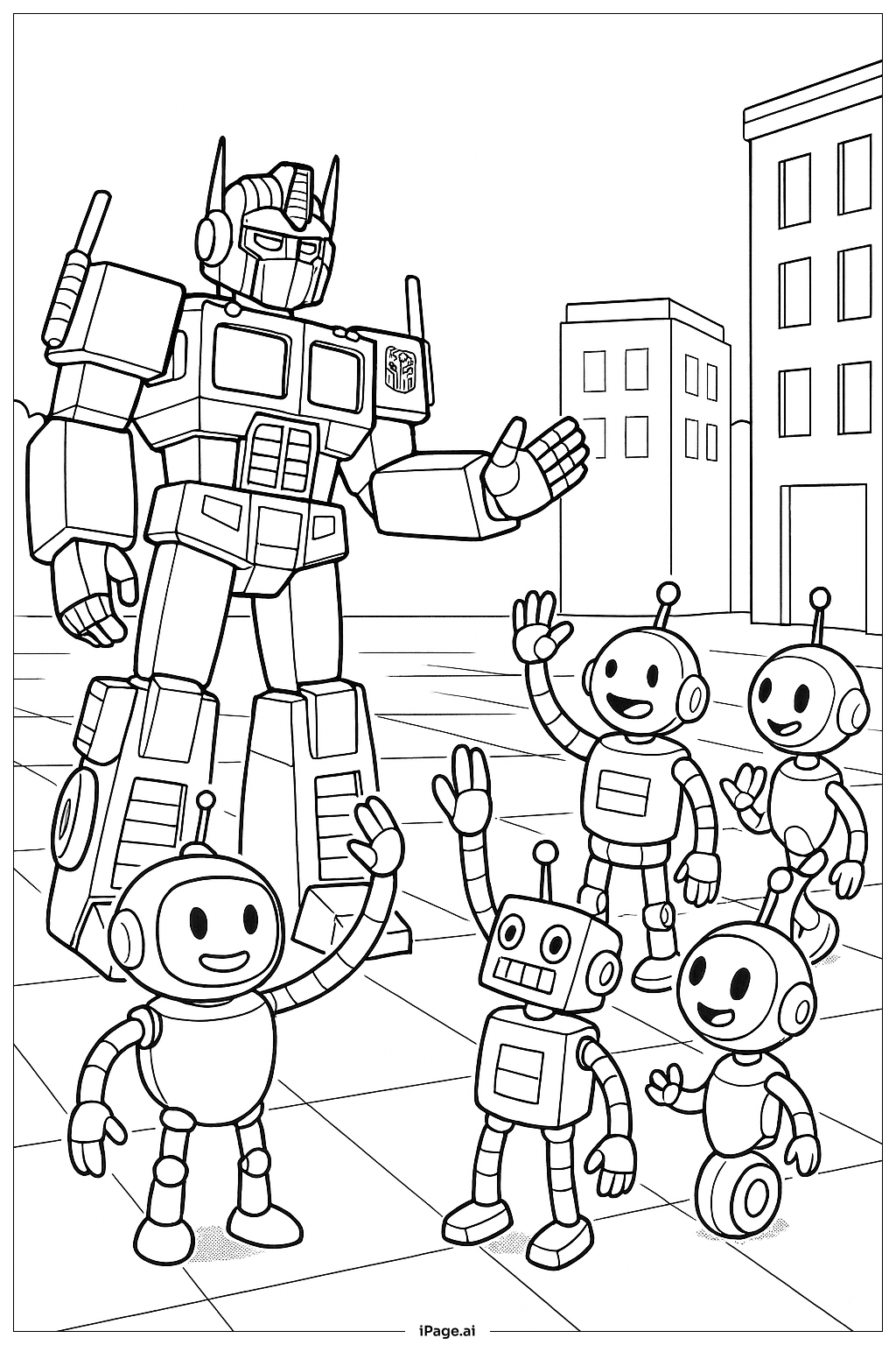  オプティマスプライムと友達の出会いの塗り絵ページ 