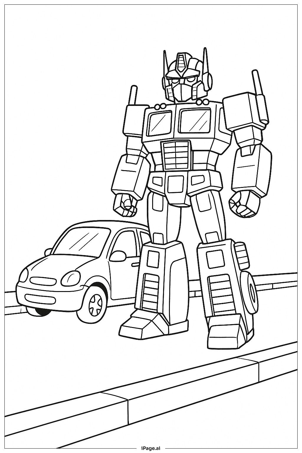  車の隣に立つオプティマスプライムの塗り絵ページ 