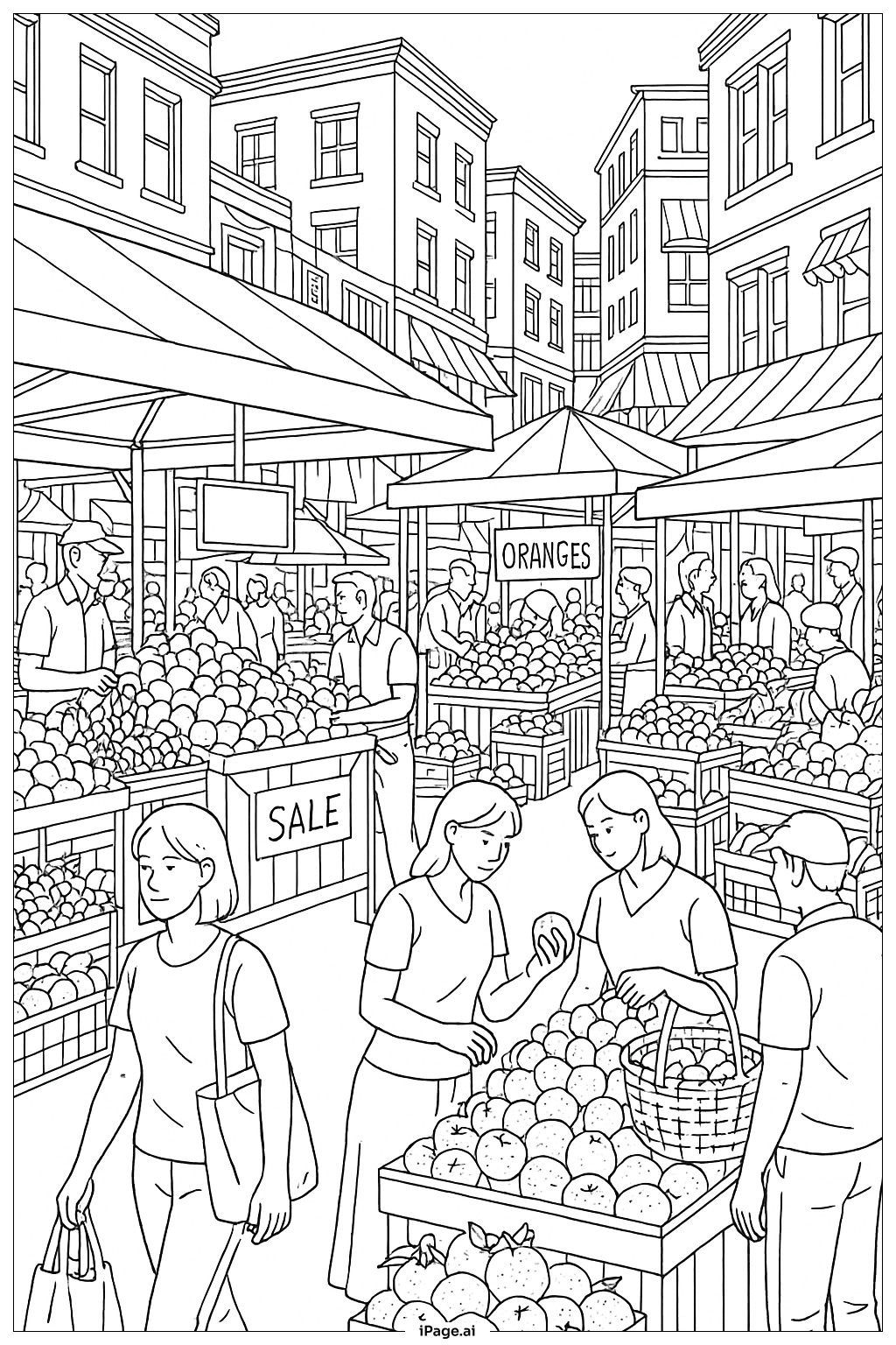  오렌지 시장 거리 장면 색칠공부 페이지 