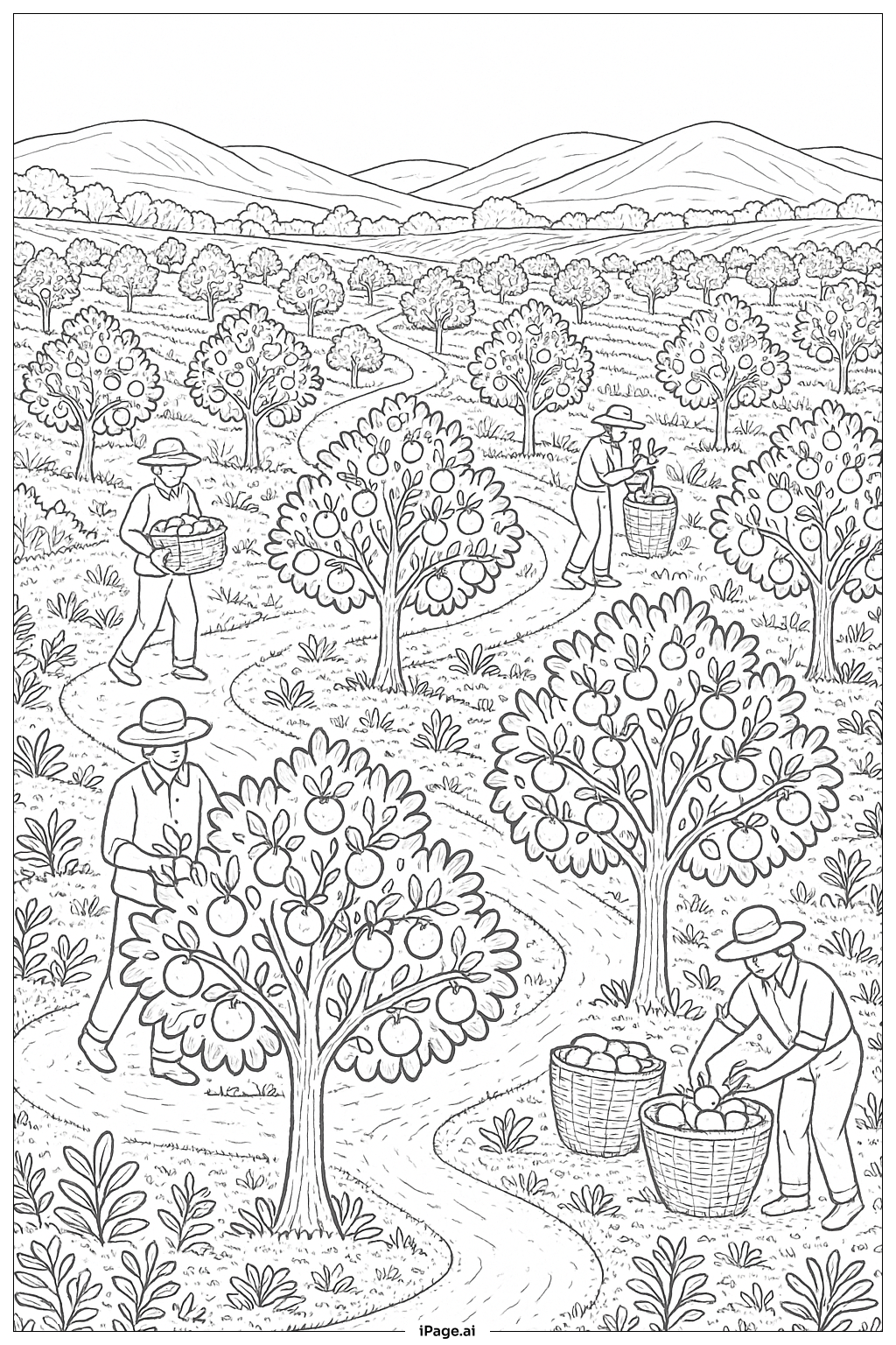  오렌지 과수원 풍경 색칠공부 페이지 