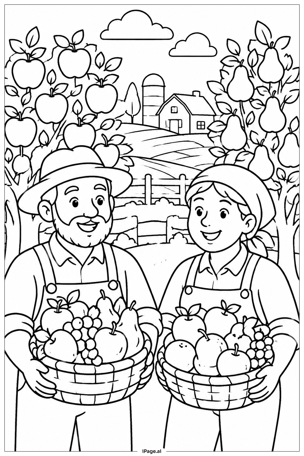 Página para colorear de Cosecha de frutas en el huerto