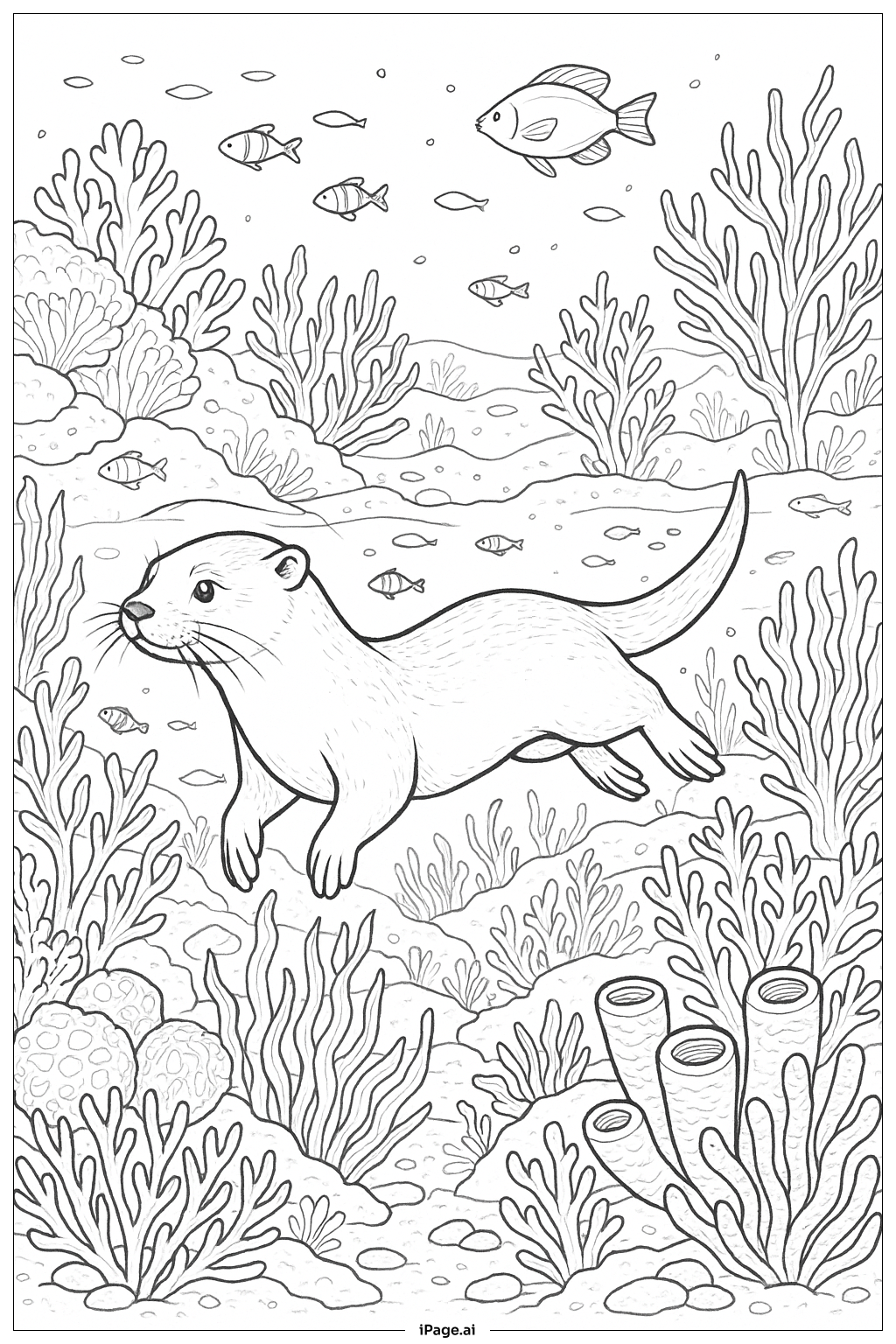  コーラルリーフを探検するラッコの塗り絵ページ 