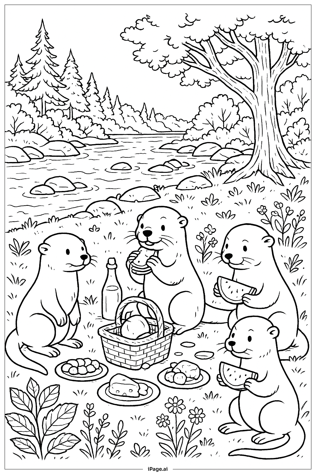  川辺のカワウソの家族ピクニックの塗り絵ページ 