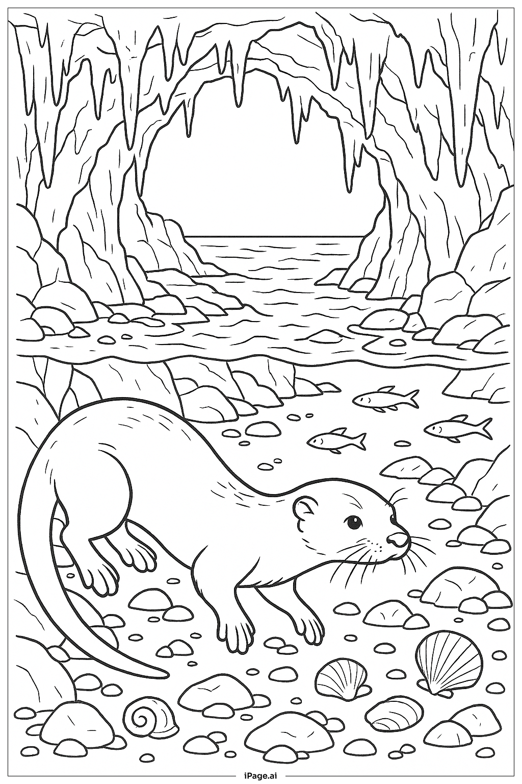  海洋洞穴中的水獭填色页 