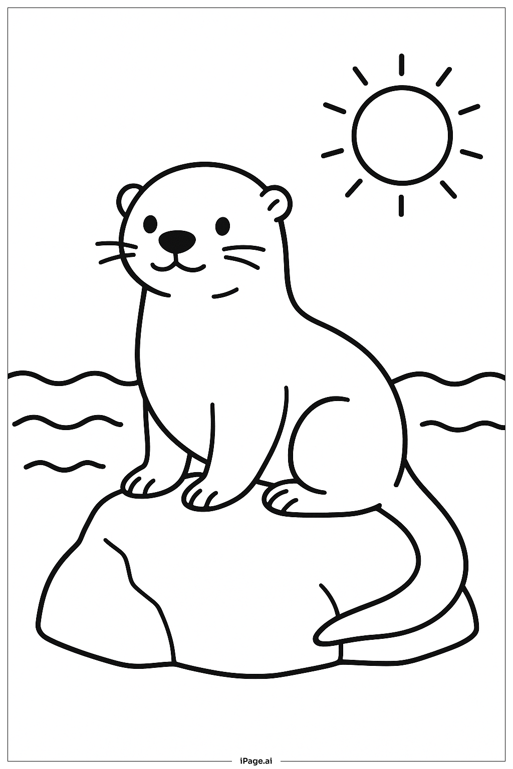  波のそばの岩の上のカワウソの塗り絵ページ 