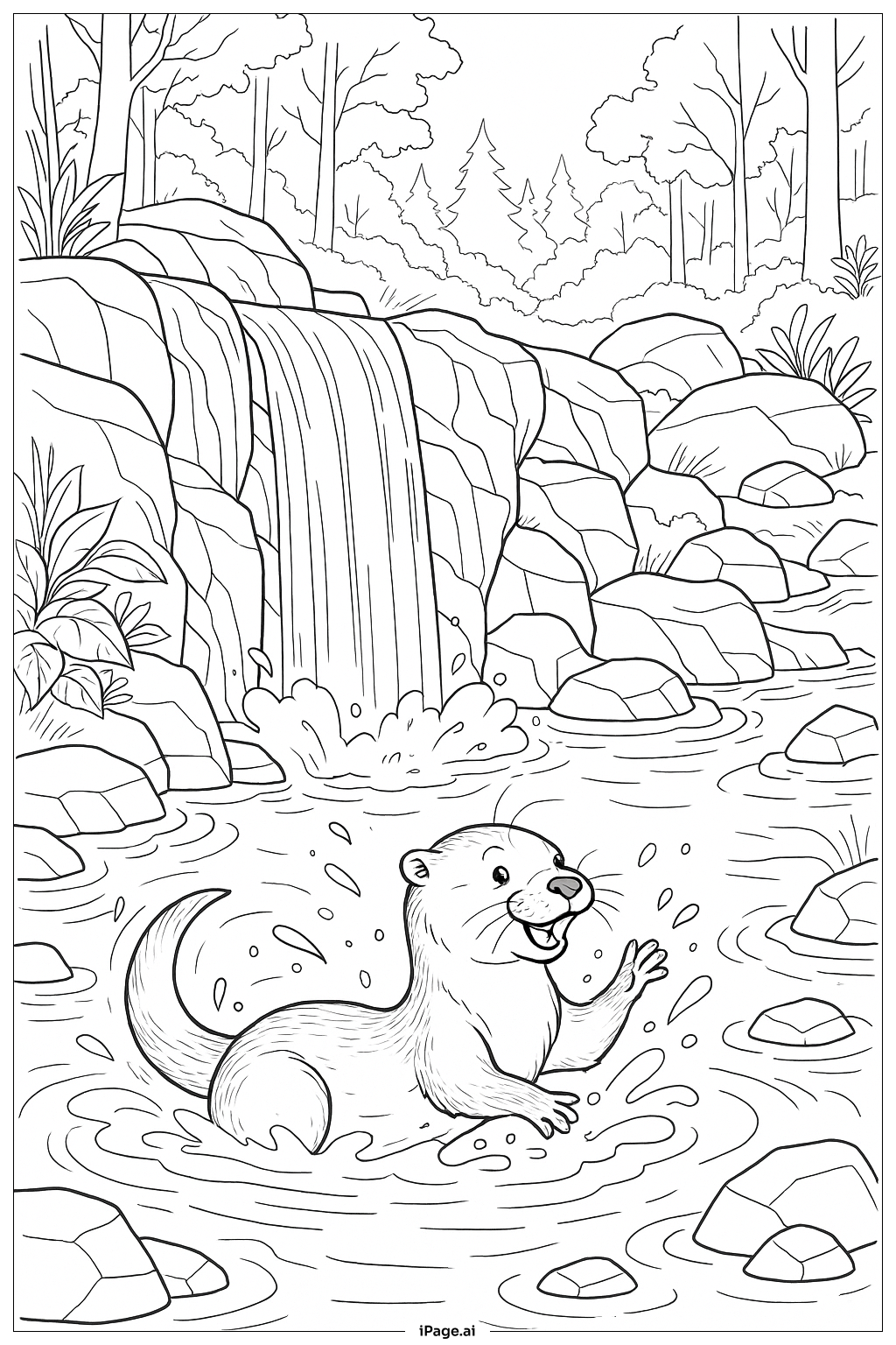  Página para colorear de Nutria jugando en la piscina de la cascada 