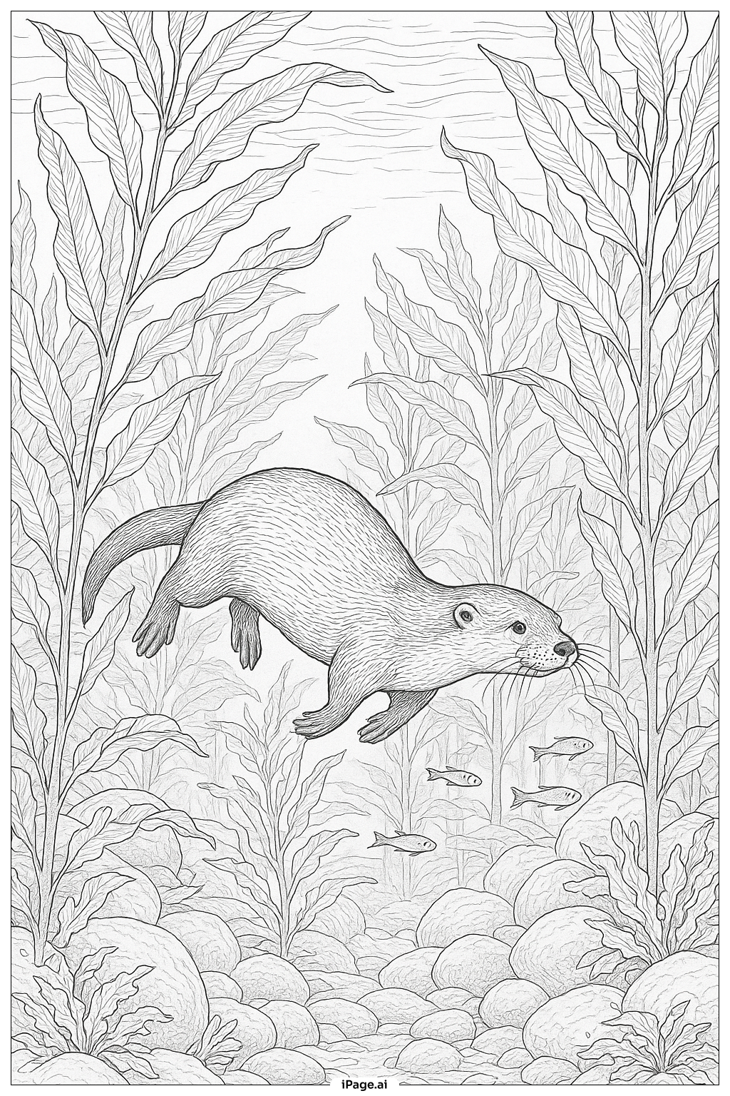  水中のカワウソ森の風景の塗り絵ページ 