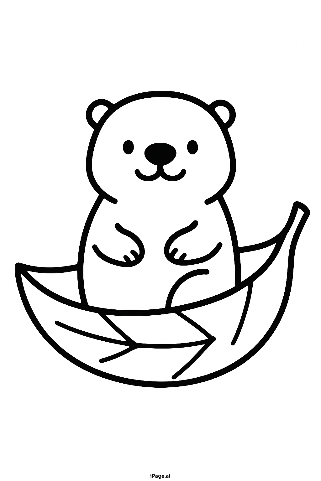  葉っぱの舟に乗ったカワウソの塗り絵ページ 