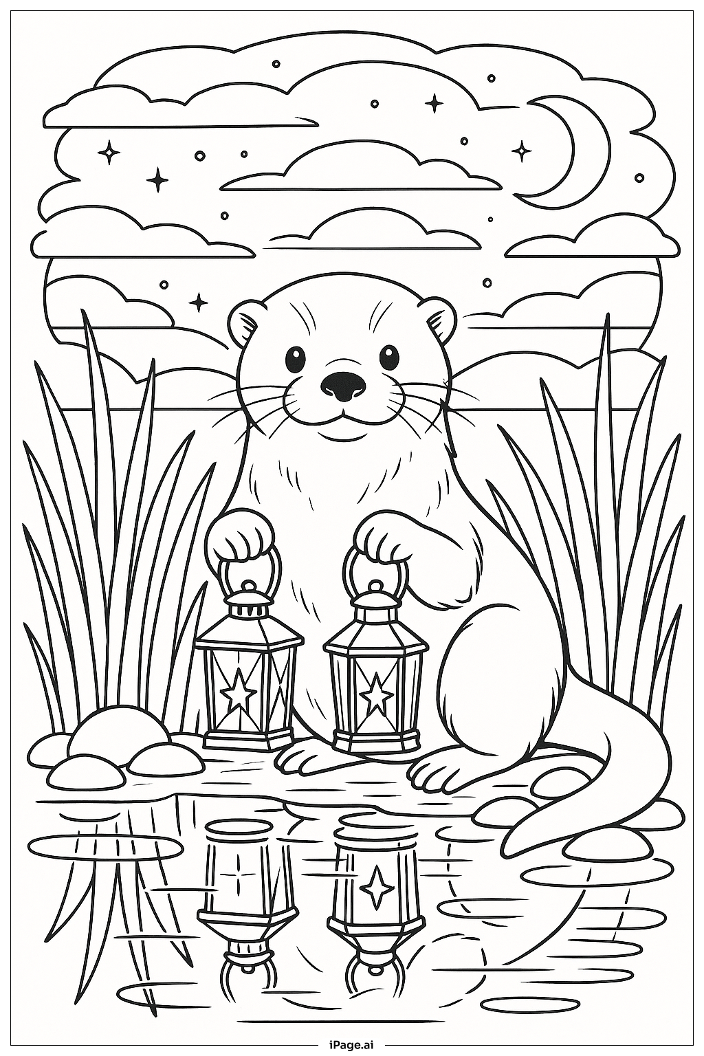  Página para colorear de Nutria con linternas por la noche 