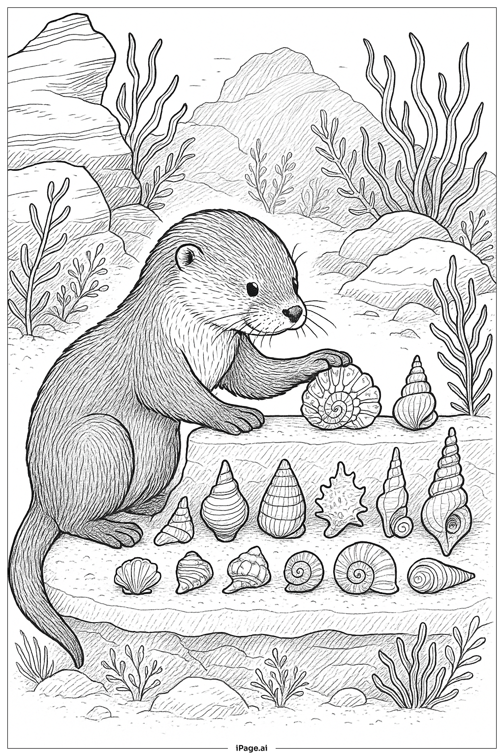  Página para colorear de Nutria con Colección de Conchas Ornamentadas 