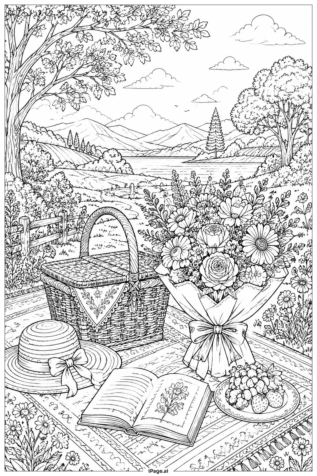 Página para colorir de Cena de Piquenique ao Ar Livre com Buquê de Flores