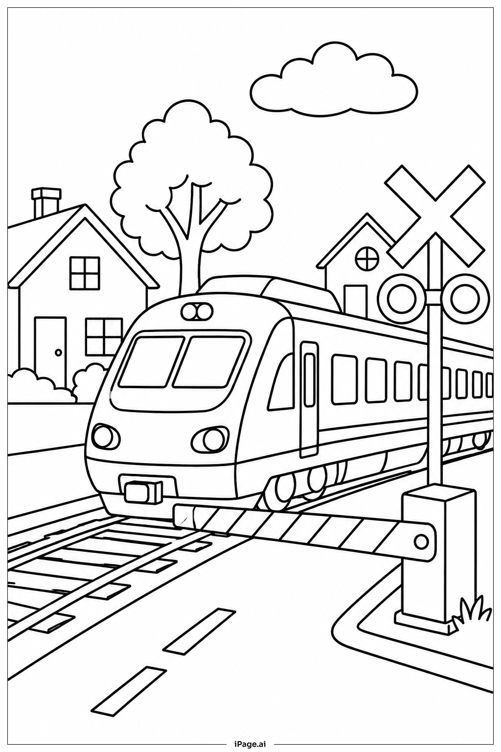 Personenzug am Bahnübergang Ausmalseite