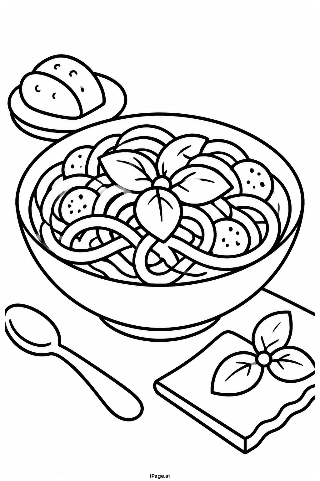パスタボウルの食卓シーンの塗り絵ページ