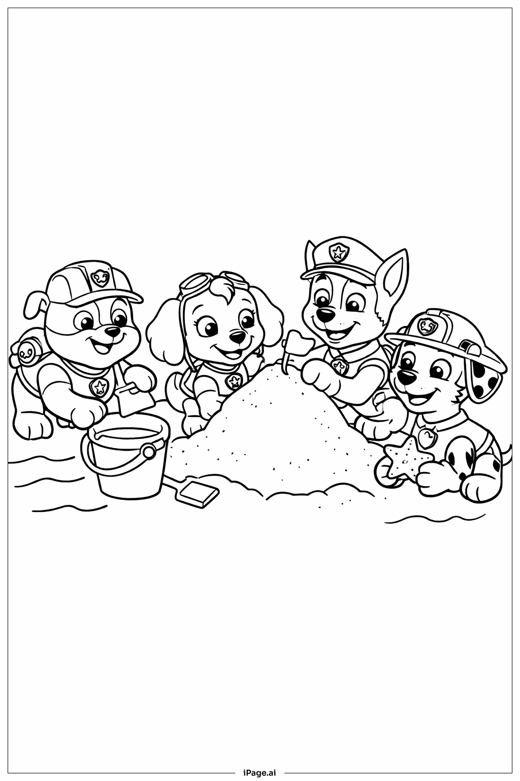 퍼피 구조대 해변 놀이 장면 색칠공부 페이지