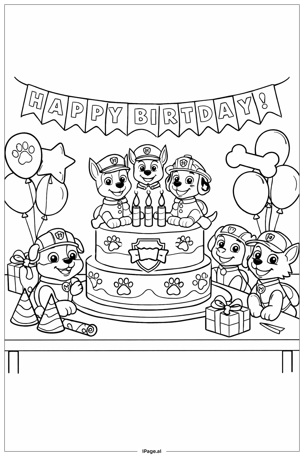 퍼피 구조대 생일 파티 장면 색칠공부 페이지