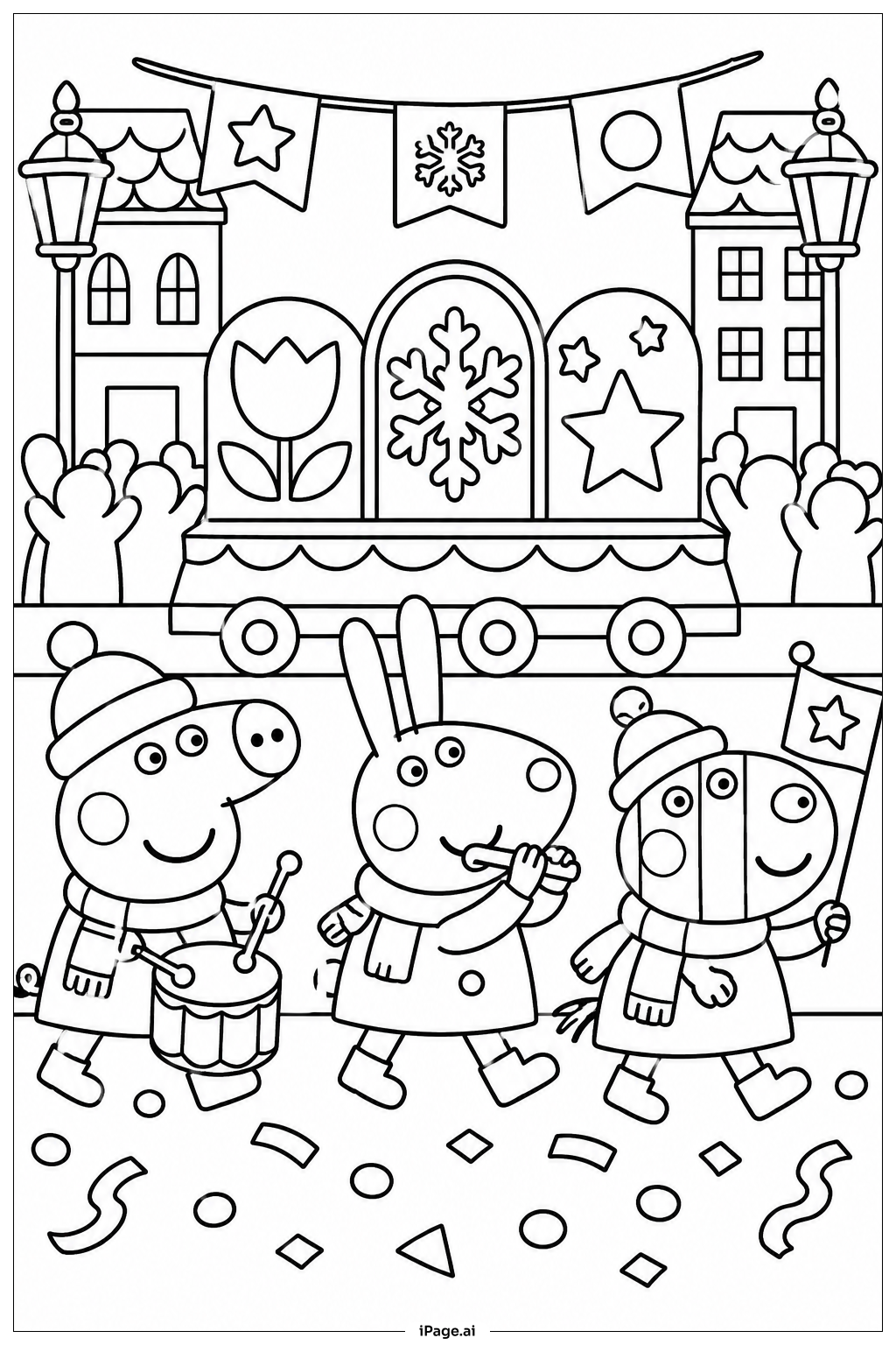 Página para colorear de Desfile Navideño de Peppa Pig