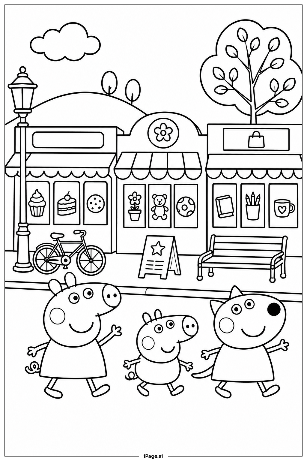 ペッパピッグの町の通りの塗り絵ページ