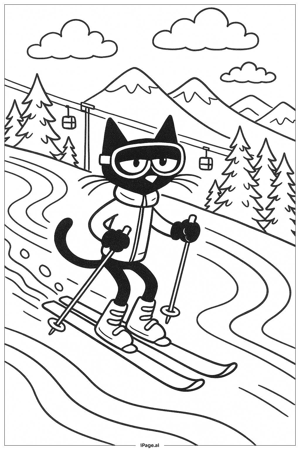 ピート・ザ・キャット マウンテン スキーの塗り絵ページ