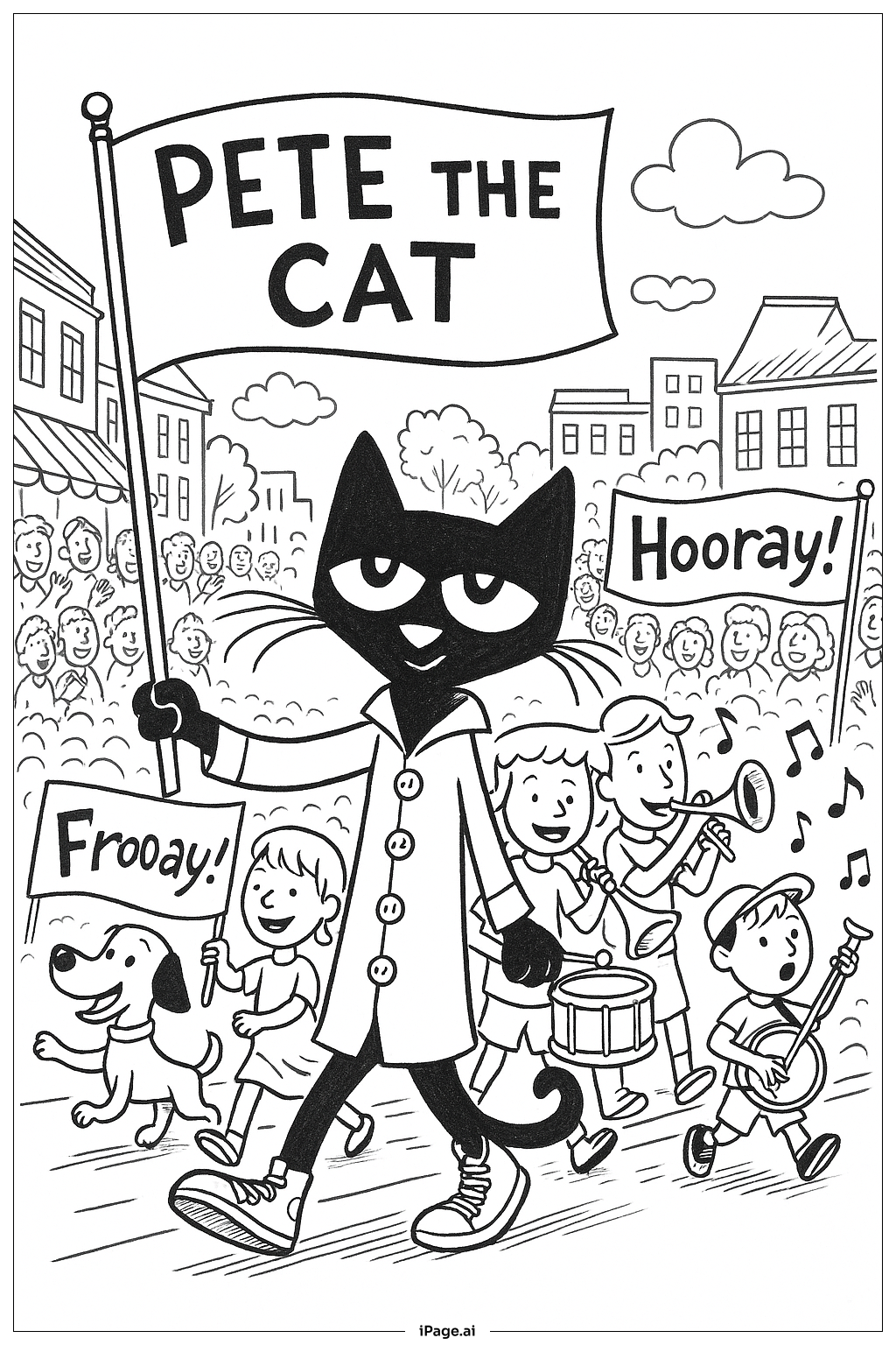 ピート・ザ・キャットのパレードシーンの塗り絵ページ