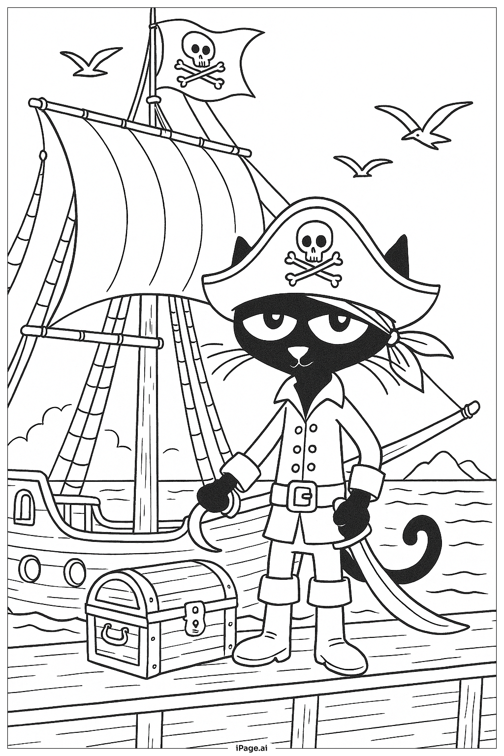 ピーター・ザ・キャットの海賊船の塗り絵ページ