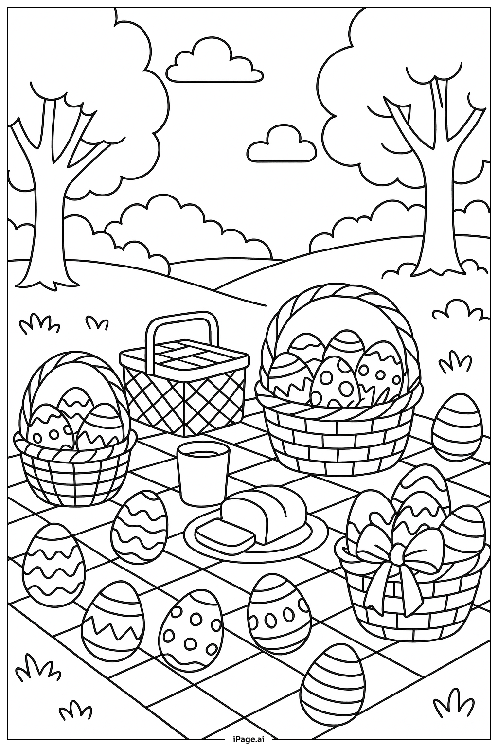  부활절 달걀과 함께하는 피크닉 색칠공부 페이지 