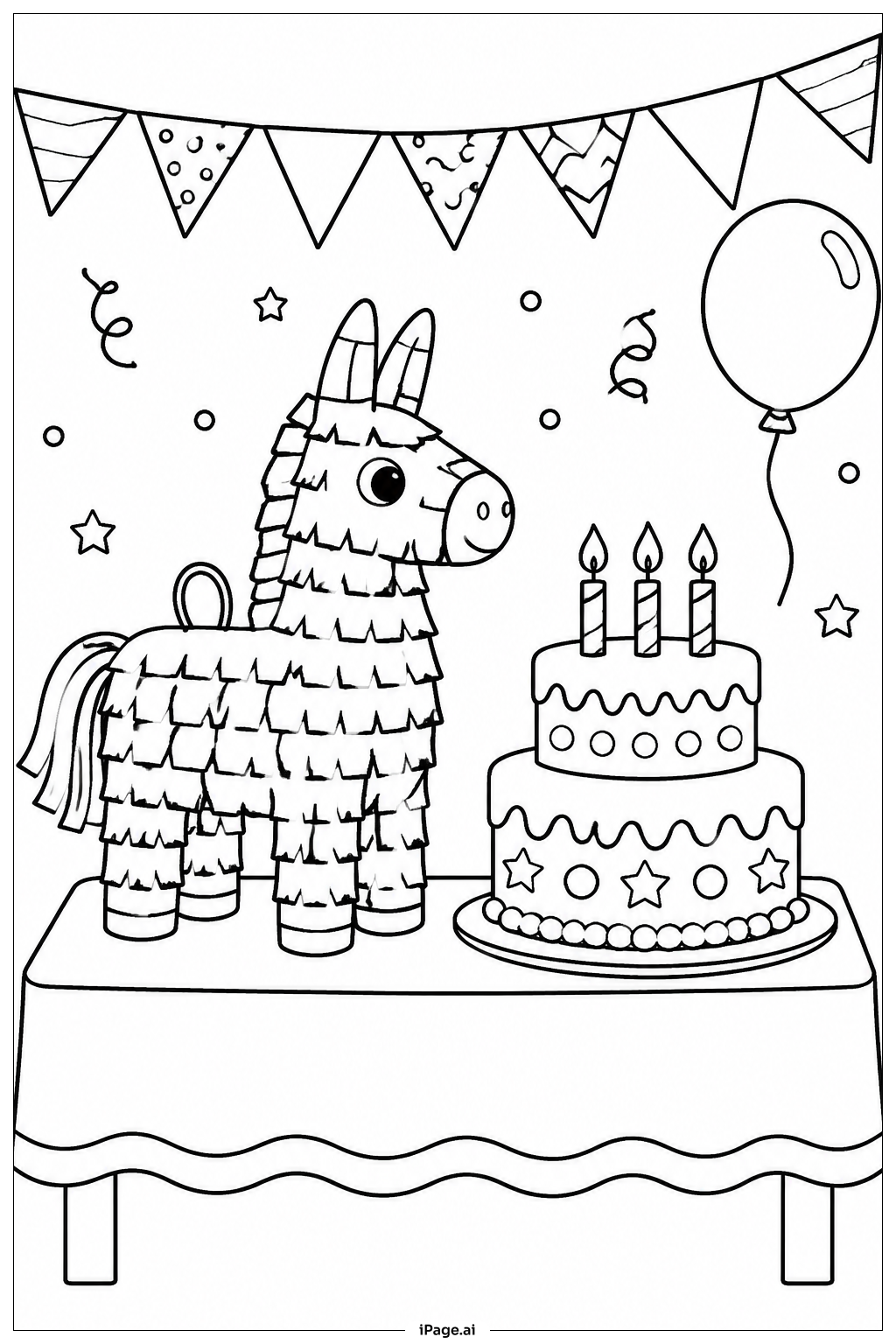 Página para colorear de Piñata y pastel de cumpleaños