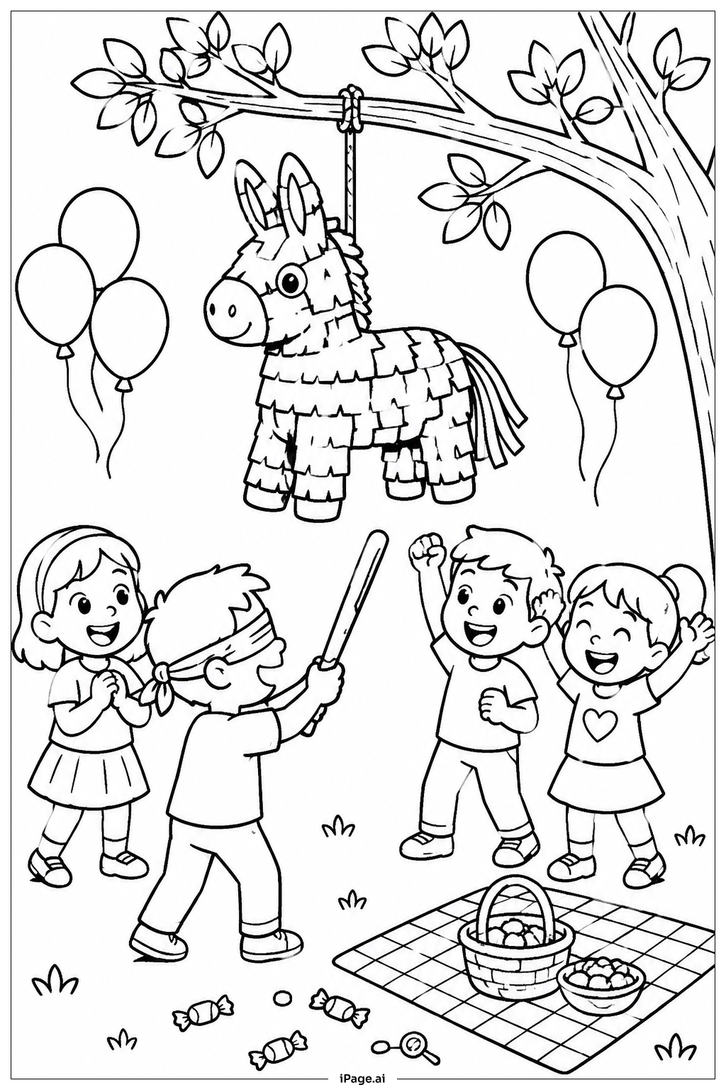 Página para colorear de Escena de cumpleaños de Pinata