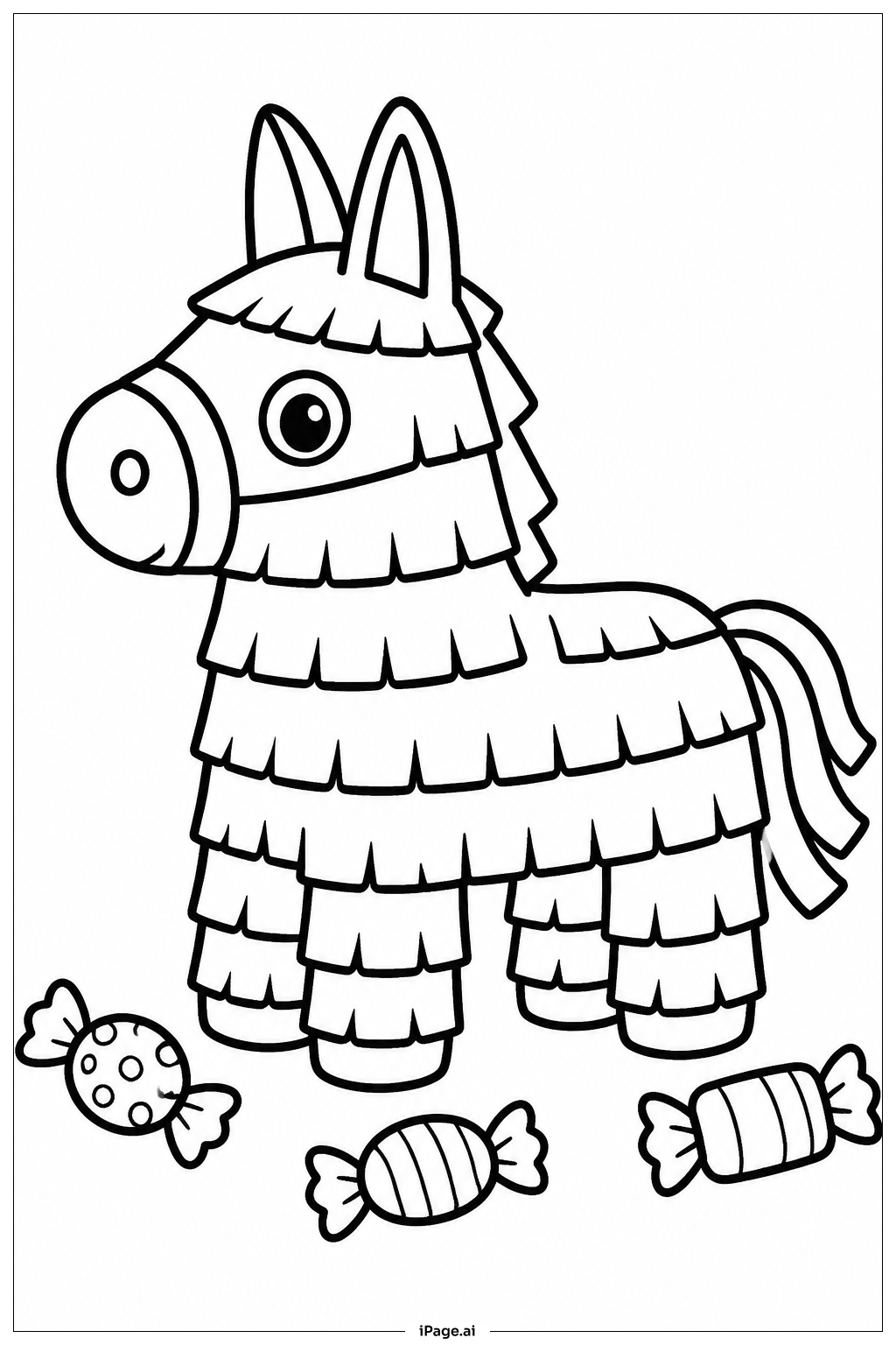 Página para colorear de Piñata y montón de caramelos