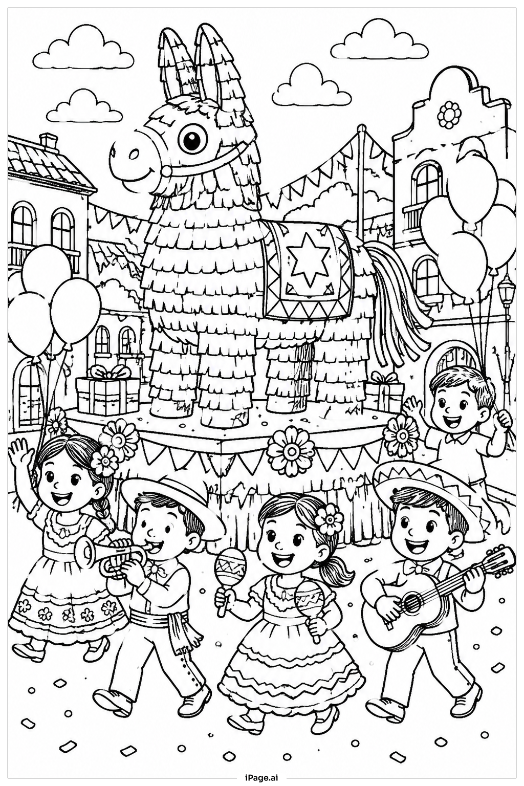 Página para colorear de Desfile Fiesta de Pinata