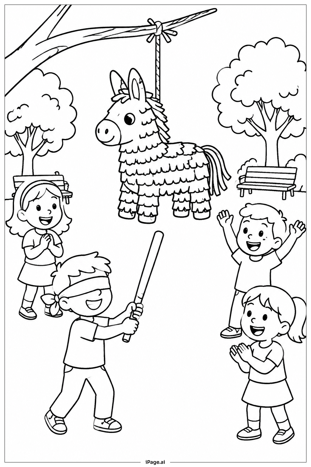 Página para colorear de Piñata en la fiesta en el parque