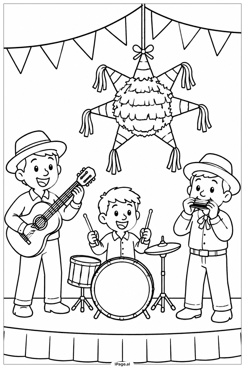 Página para colorear de Piñata con banda musical