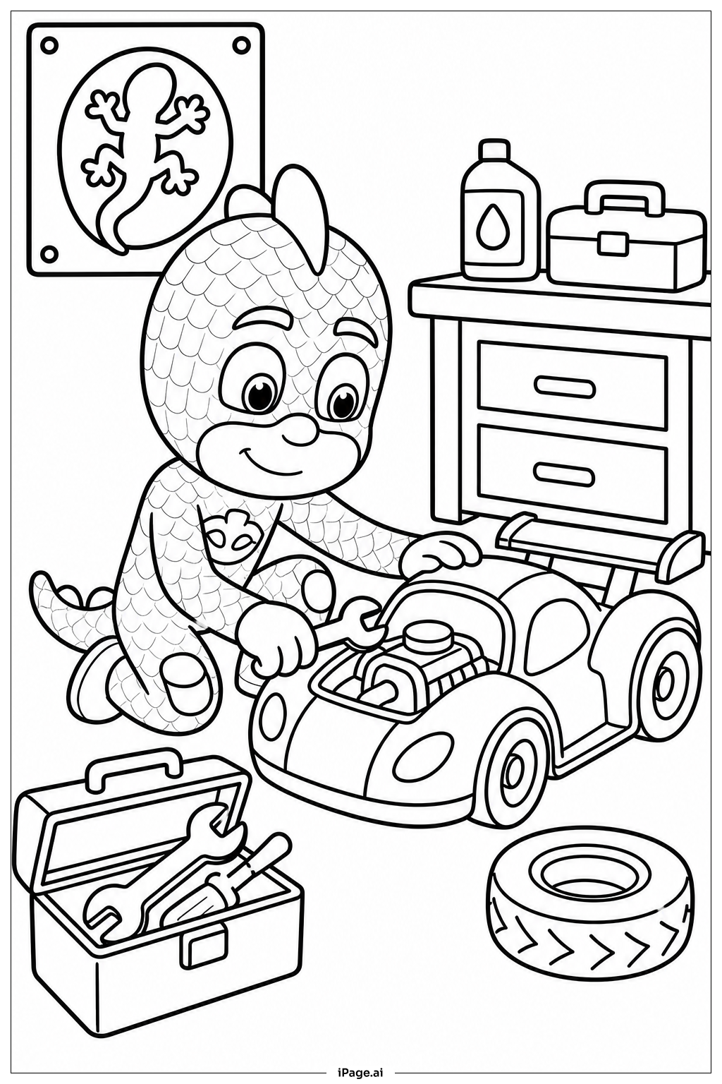 차고에 있는 PJ Mask 게코 색칠공부 페이지