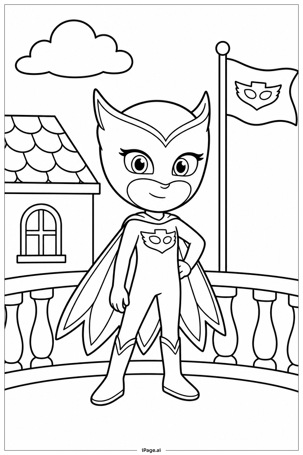 발코니 위의 PJ Mask 올레트 색칠공부 페이지