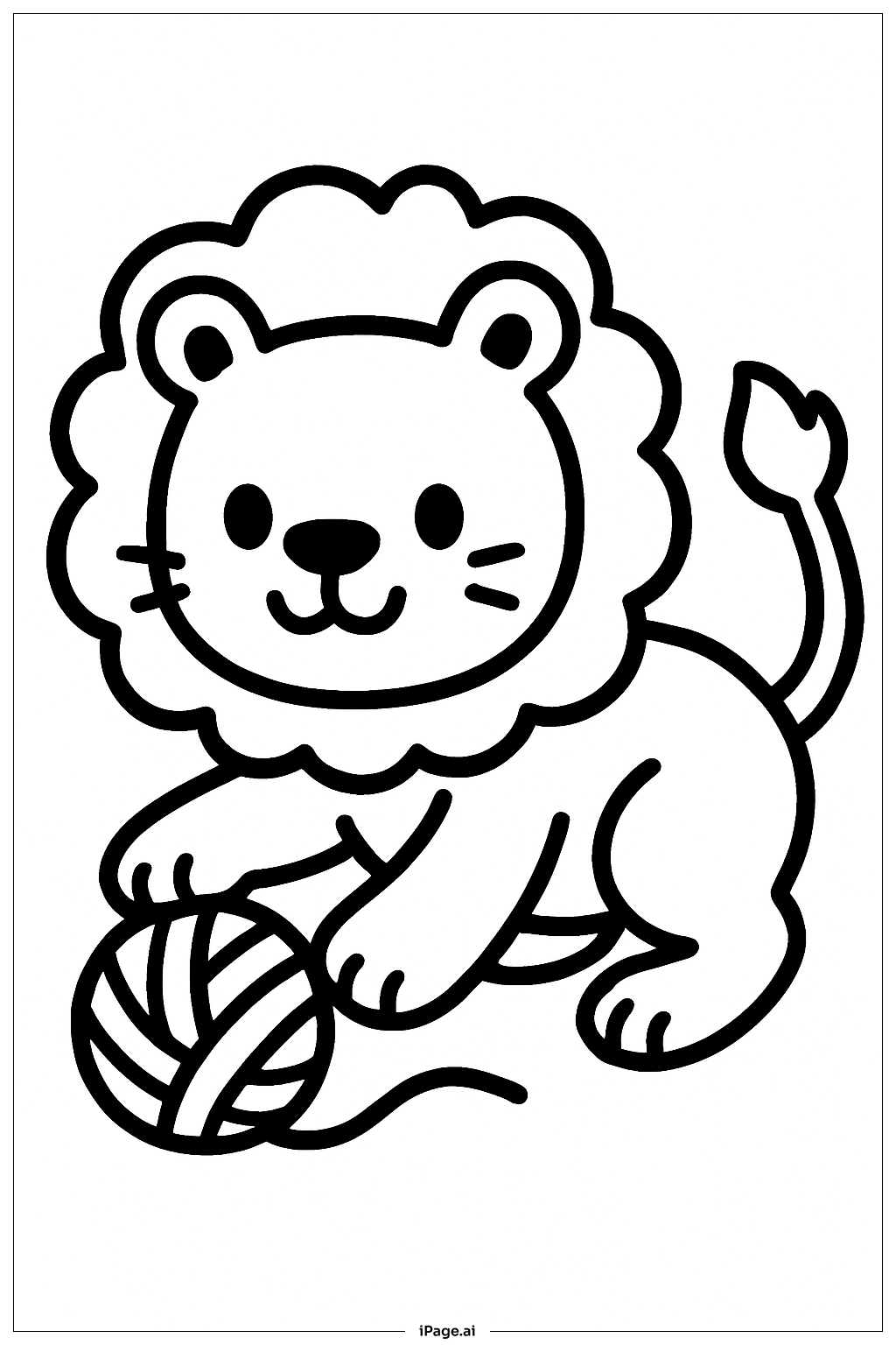  糸玉で遊ぶ陽気なライオンの塗り絵ページ 