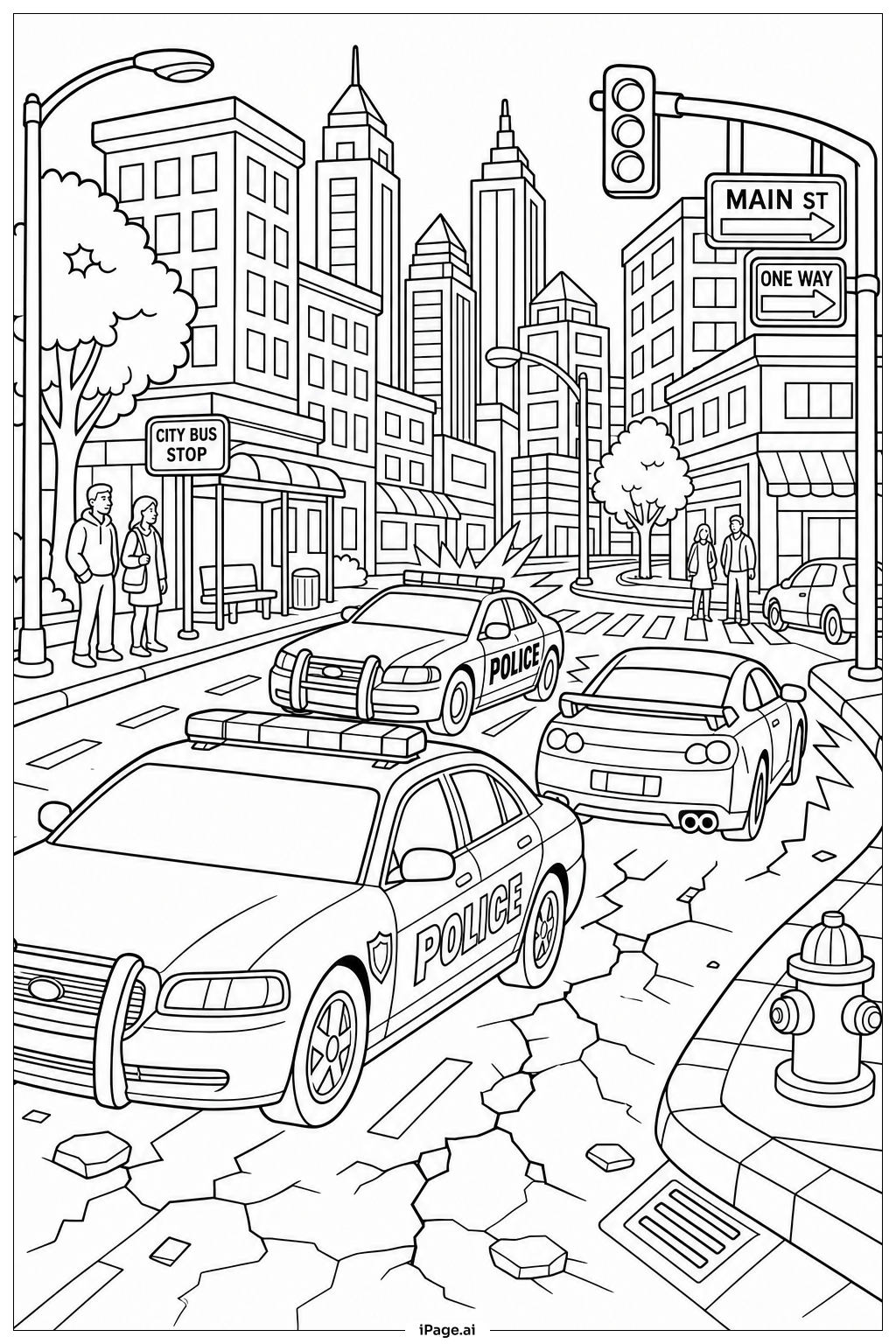 パトカー・シティチェイスの塗り絵ページ