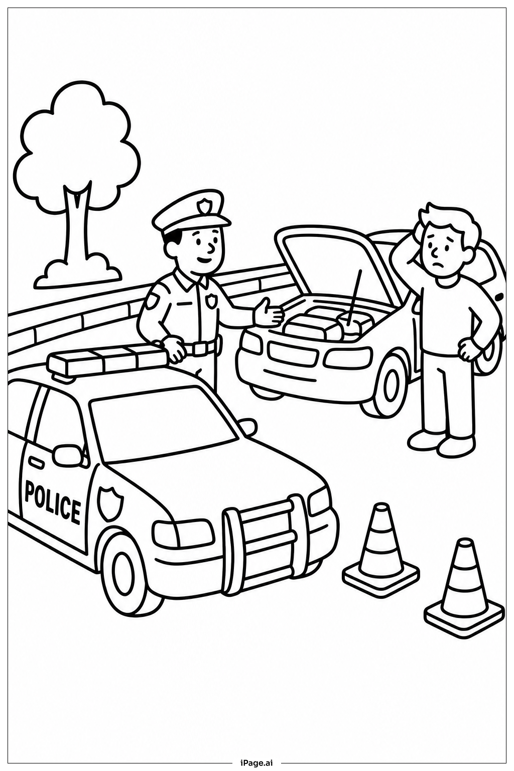 Página para colorear de Auto de Policía Ayudando a un Automovilista