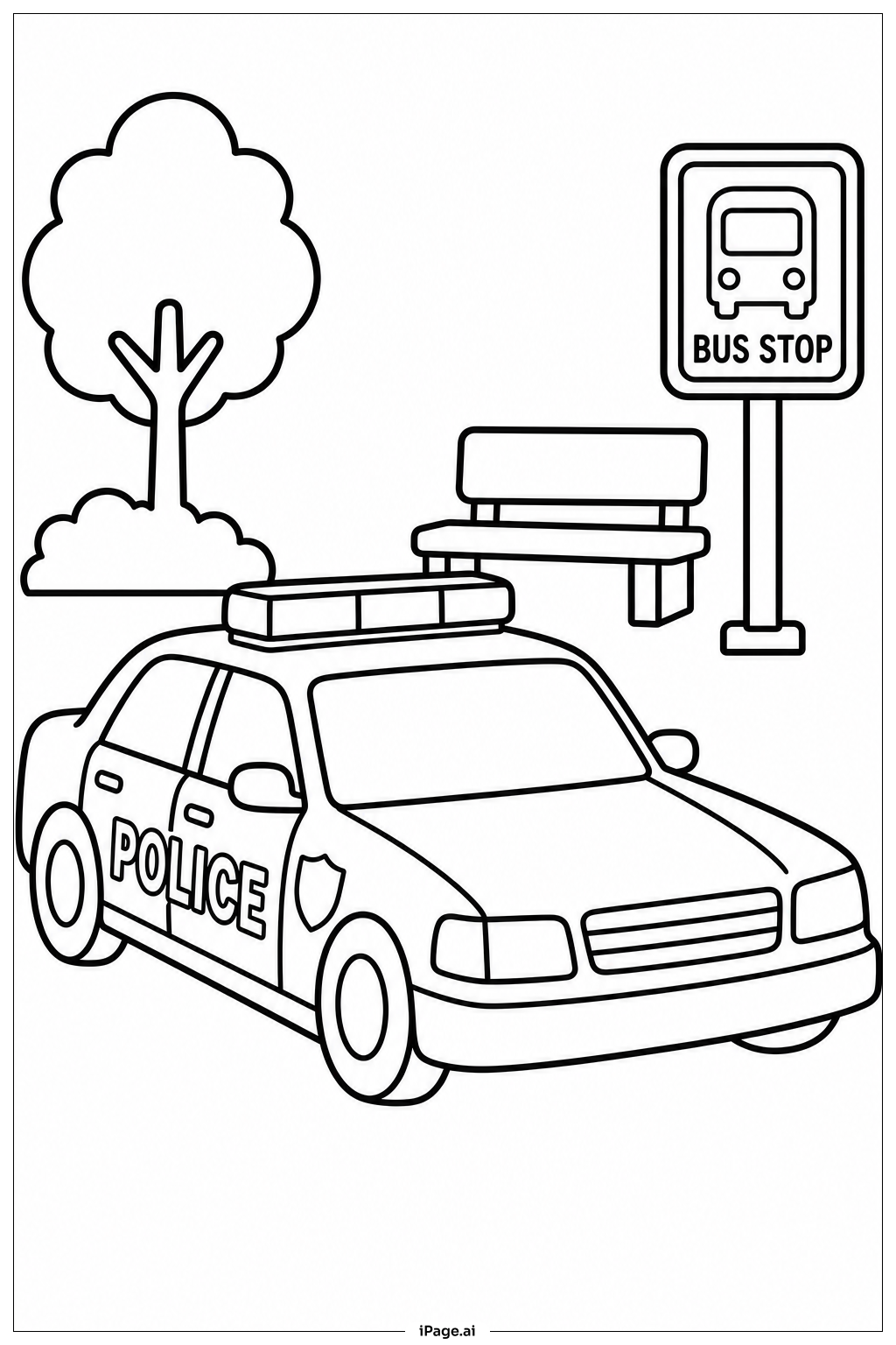 Page de coloriage Voiture de Police près d'un Arrêt de Bus