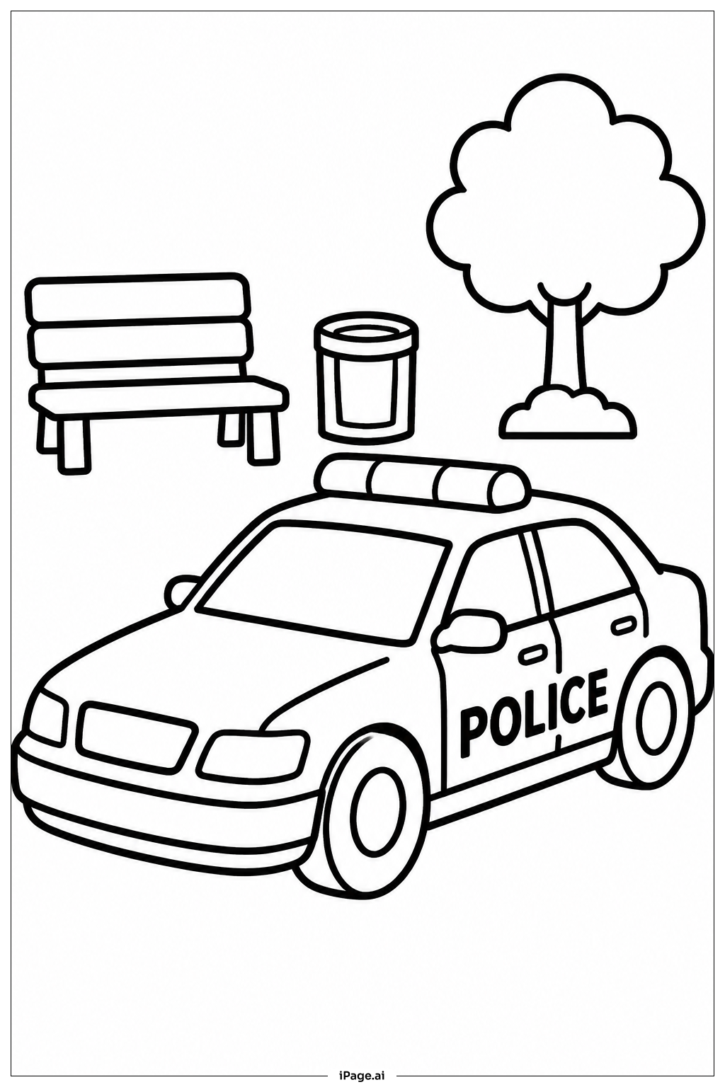 Página para colorear de Coche de Policía Cerca de un Banco del Parque