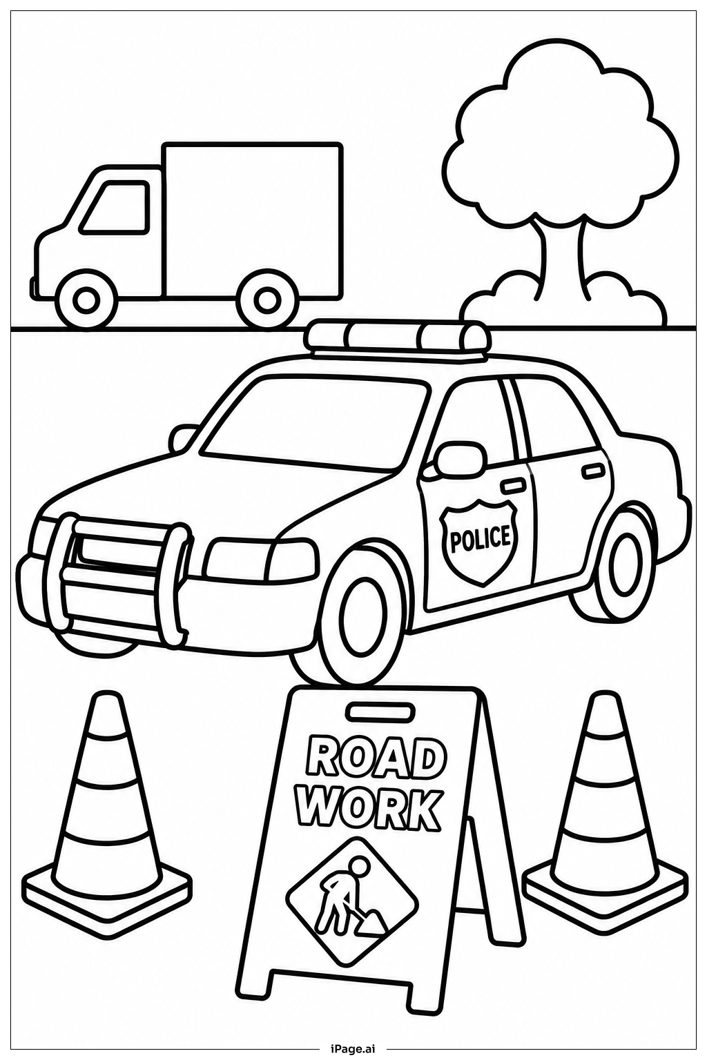 警车与道路施工队填色页